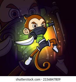 The ninja monkey is swinging the katana esport mascot design logo of illustration