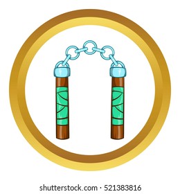 Ninja nunchaku weapon vector icon in golden circle, cartoon style isolated on white background