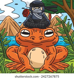 Ninja on a Huge Frog Colored Cartoon Illustration