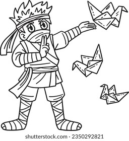 Ninja with Origami Isolated Coloring Page for Kids
