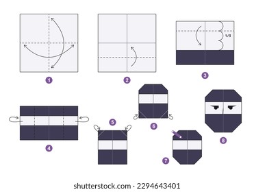 Ninja origami scheme tutorial moving model. Origami for kids. Step by step how to make a cute origami ninja. Vector illustration.