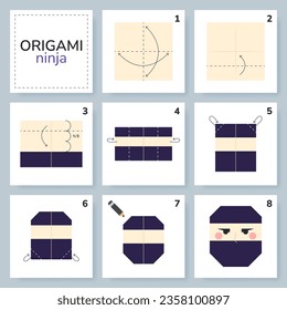 Ninja origami scheme tutorial moving model. Origami for kids. Step by step how to make a cute origami ninja. Vector illustration.