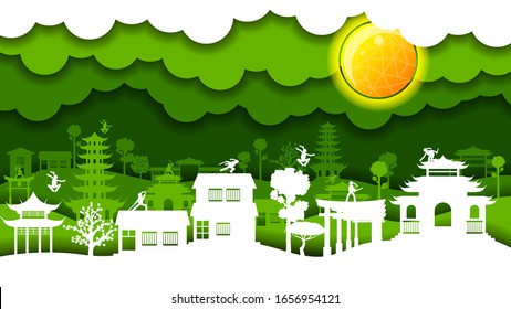 Ninja Paper Cut Green Background Vector