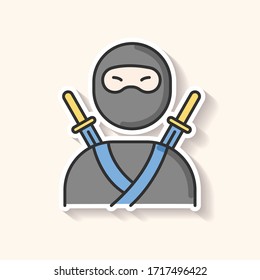 Ninja patch. Traditional japanese fighter. Asian assassin in mask and costume. Samurai with two katanas. Mercenary with sword. RGB color printable sticker. Vector isolated illustration