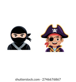 Ninja and pirate character faces, adventure kids icons for birthday party, treasure hunt poster, costume event flyer, fun design