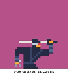 Ninja pixel art vector illustration, design for logo, sticker, mobile app. Game assets 8-bit sprite.