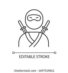 Ninja pixel perfect linear icon. Traditional japanese fighter. Asian assassin in mask and costume. Thin line customizable illustration. Contour symbol. Vector isolated outline drawing. Editable stroke