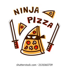 Ninja pizza logo. Badge, banner, emblem for fast food restaurant . Symbol and icon of pizza. Pizzeria cafe. Simple flat line style. Glitch effect design. Sword. Vector design illustration.