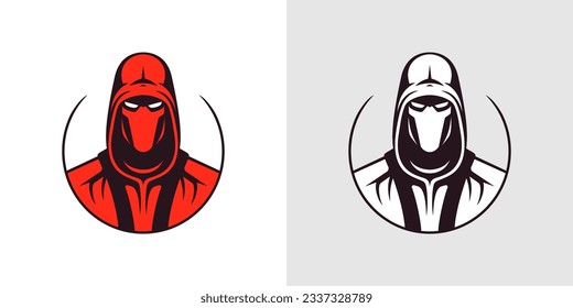 Ninja portrait red and black monochrome minimal logo for t shirt print gaming esport set vector flat illustration. Fantasy angry robot cyber cyberpunk gamer fighter warrior character head in hood icon