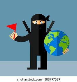 Ninja putting flag mark the globe. Flat style vector illustration. Ninja in black mask's clothes