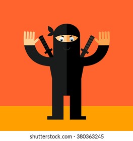 Ninja raising his hands. Flat style vector illustration. Ninja in black mask's clothes