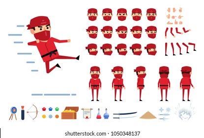 Ninja in red suit creation kit. Create your own pose, action, animation. Various emotions, gestures, design elements. Flat design vector illustration