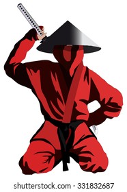 Ninja in the red uniform, isolated on white, vector illustration