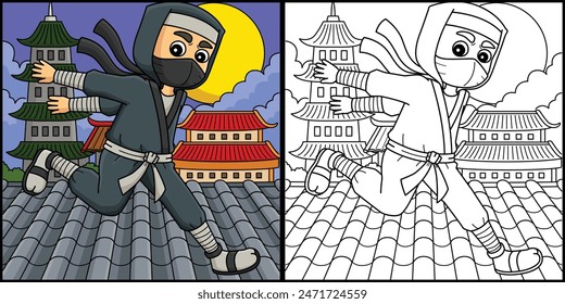 Ninja Running Coloring Page Colored Illustration