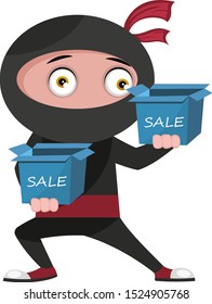 Ninja con cajas de venta, ilustración, vector sobre fondo blanco.