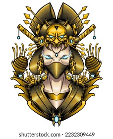 Ninja samurai girl illustration with japanese style drawing