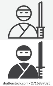 Ninja samurai with katana icon set in line and outline with solid style. Editable stroke vector icon, warrior sign and symbol of Japanese martial culture.