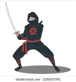 Ninja samurai with Katana stands. Japanese battle samurai with Katana. National martial arts. Vector illustration