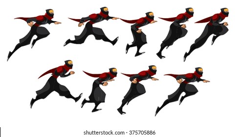 Ninja Samurai Running Sequence - 10 Set of Red Blue Cartoon Vector