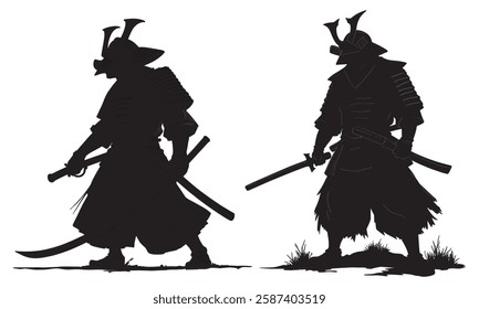 Ninja and samurai shadow art, perfect for illustration, t-shirt design, and Japanese culture enthusiasts.