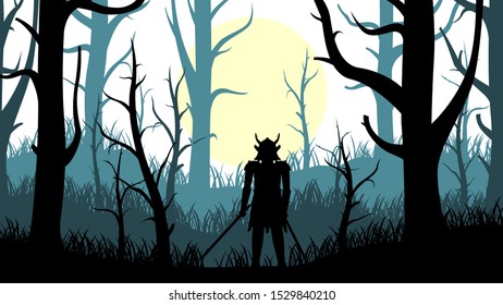 Ninja Samurai With Sword In Forest Warrior Sun