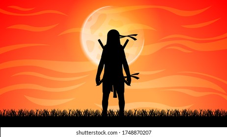 Ninja Samurai With Sword And a Moon On a Red Background Silhouette