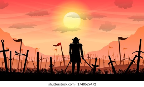 Ninja Samurai With Sword On Battlefield Orange Background Vector