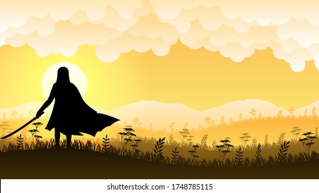 Ninja Samurai With Sword On Grass 
Yellow Gradient Background Silhouette Vector