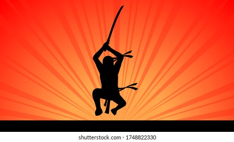 Ninja Samurai With Sword On Red Background Silhouette