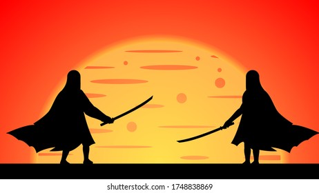 Ninja Samurai With Sword And a Sun On a Red Background Silhouette 