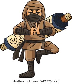 Ninja con un pergamino en la parte posterior de la historieta 