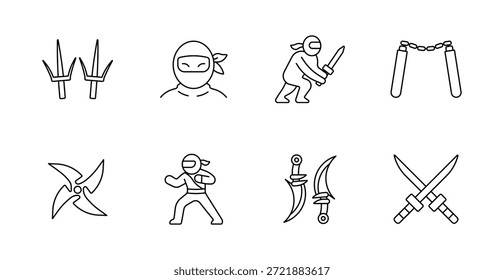Conjunto de iconos de Ninja. Dijo armas, cara enmascarada, postura de espada, nunchucks, shuriken, postura de combate, dagas curvas, espadas cruzadas dibujadas en audaz arte de línea marcial.
