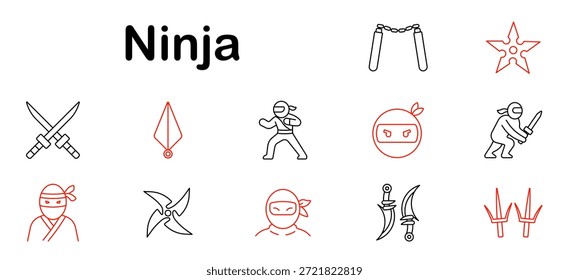 Conjunto de iconos de Ninja. Guerrero ninja, katana, nunchaku, shuriken, kunai, sigilo, lucha, sombra, capucha, estrella, doble hoja, ataque, artes marciales, máscara, peligro, agilidad, arma.