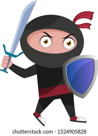 Ninja con escudo, ilustración, vector sobre fondo blanco.