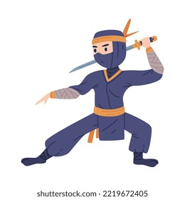 Ninja or Shinobi Character as Japanese Covert Agent or Mercenary in Shozoku Disguise Costume with Sword in Fighting Pose Vector Illustration