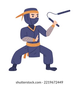 Caracteres Ninja o Shinobi como agente encubierto japonés o mercenario en disfraz Shozoku que lucha con vectores Nunchaku Ilustración