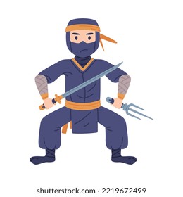 Ninja or Shinobi Character as Japanese Covert Agent or Mercenary in Shozoku Disguise Costume with Sword in Fighting Pose Vector Illustration