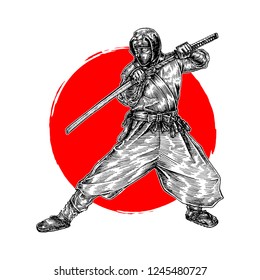 "Ninja Shinobi Holding His Katana", Hand Drawn Illustration, Isolated Black and White Vector