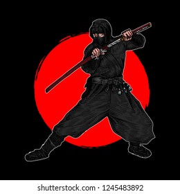 A Ninja Shinobi In Position To Fight An Enemy With His Katana, Hand Drawn Illustration, Colored Isolated Vector, Japanese Flag Style Background