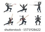 Ninja shows different tricks with weapons. Set of vector illustrations.