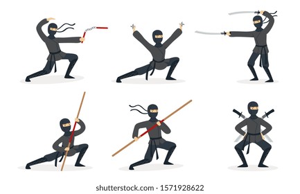 Ninja shows different tricks with weapons. Set of vector illustrations.