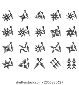 Ninja shuriken vector icons set isolated on a white background.