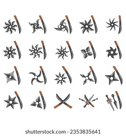 Ninja shuriken vector icons set isolated on a white background.
