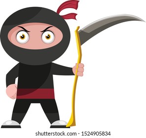 Ninja with sickle, illustration, vector on white background.