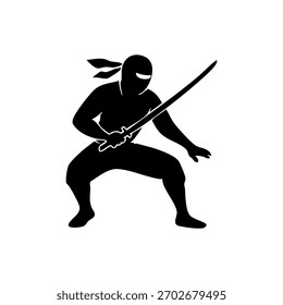 Silhueta Ninja em uma pose de ação dinâmica, estilo vetor minimalista em um fundo branco
