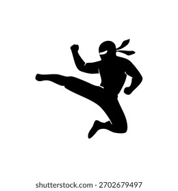 Silueta ninja en una pose de acción dinámica, estilo de Vector minimalista sobre un fondo blanco