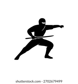 Ninja silhouette in a dynamic action pose, minimalistic vector style on a white background