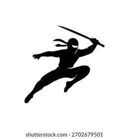 Ninja silhouette in a dynamic action pose, minimalistic vector style on a white background