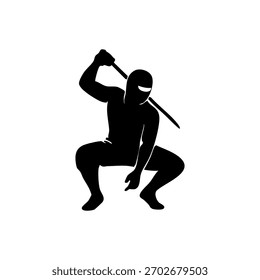 Silueta ninja en una pose de acción dinámica, estilo de Vector minimalista sobre un fondo blanco