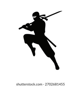 Silueta ninja en una pose de acción dinámica, estilo de Vector minimalista sobre un fondo blanco